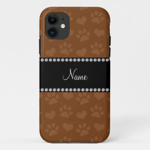 Personalisierter Name braune Herzen und Pfotendruc iPhone 11 Hülle