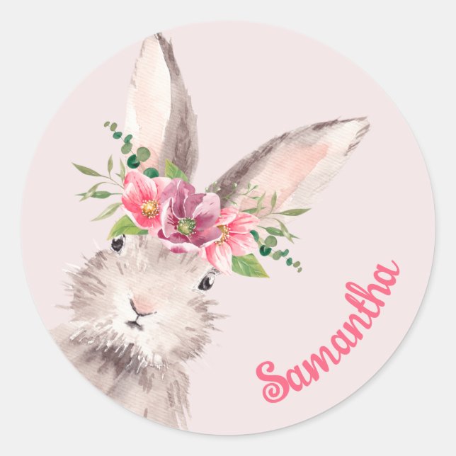 Personalisierter Name Bunny Rabbit Rosa handschrif Runder Aufkleber (Vorderseite)