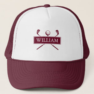 Personalisierter Name Burgunder Golfball und Schlä Truckerkappe