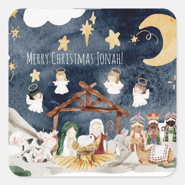Personalisierter Name Christlich Kids Weihnachten Quadratischer Aufkleber (Vorderseite)