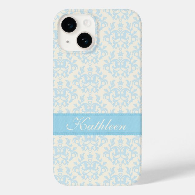 Personalisierter Name Damask hellblau Case-Mate iPhone 14 Hülle (Rückseite)