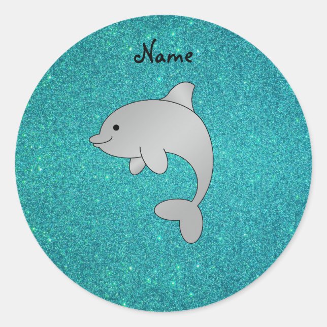 Personalisierter Name Delphin Türkis Glitzer Runder Aufkleber (Vorderseite)