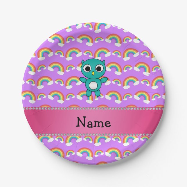 Personalisierter Name der lila Eule Pappteller (Vorderseite)