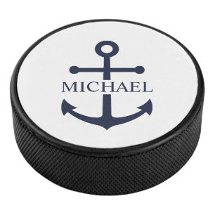 Personalisierter Name der Nautic Navy Blue Anchor Eishockey Puck
