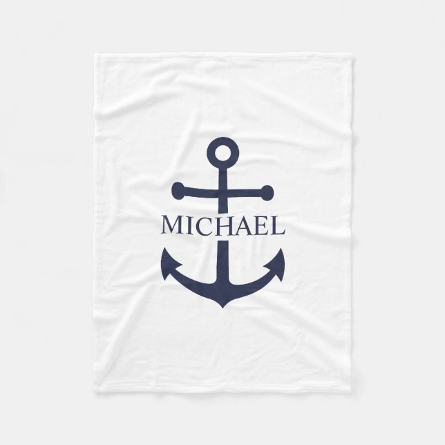 Personalisierter Name der Nautic Navy Blue Anchor Fleecedecke (Vorderseite)