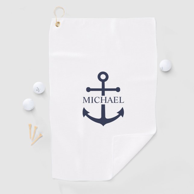 Personalisierter Name der Nautic Navy Blue Anchor Golfhandtuch (Insitu)