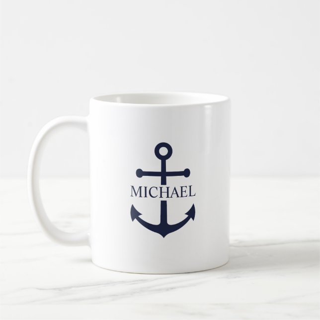 Personalisierter Name der Nautic Navy Blue Anchor Kaffeetasse (Links)