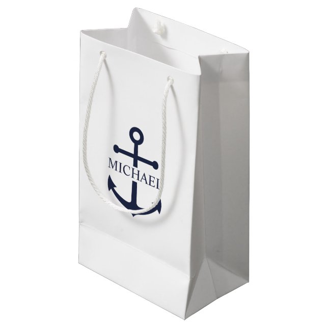 Personalisierter Name der Nautic Navy Blue Anchor Kleine Geschenktüte (Vorderseite Schrägansicht)