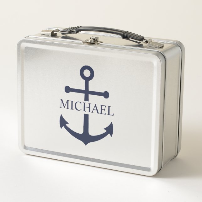 Personalisierter Name der Nautic Navy Blue Anchor Metall Brotdose (Vorderseite)