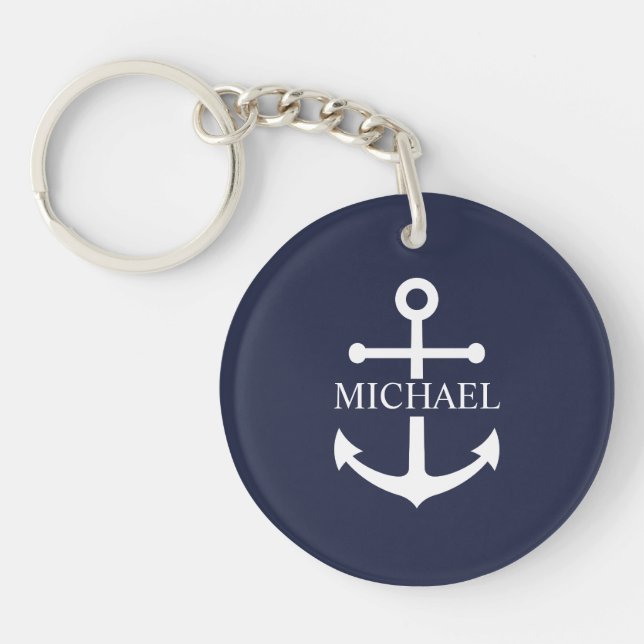 Personalisierter Name der Nautic Navy Blue Anchor Schlüsselanhänger (Vorderseite)