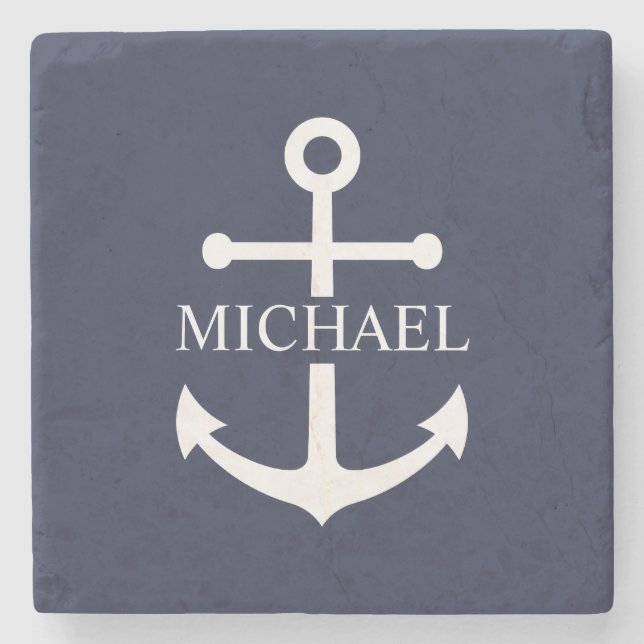 Personalisierter Name der Nautic Navy Blue Anchor Steinuntersetzer (Vorderseite)