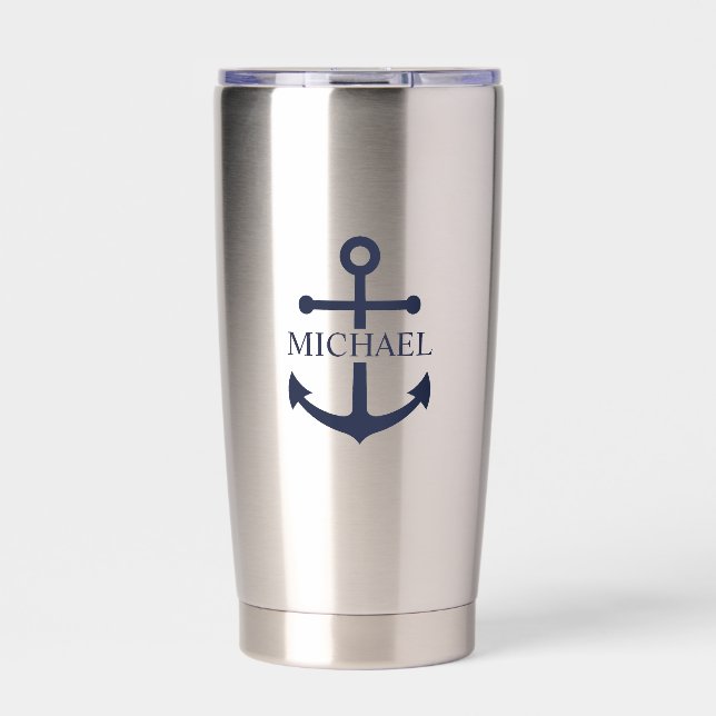 Personalisierter Name der Nautic Navy Blue Anchor Thermobecher (Vorderseite)