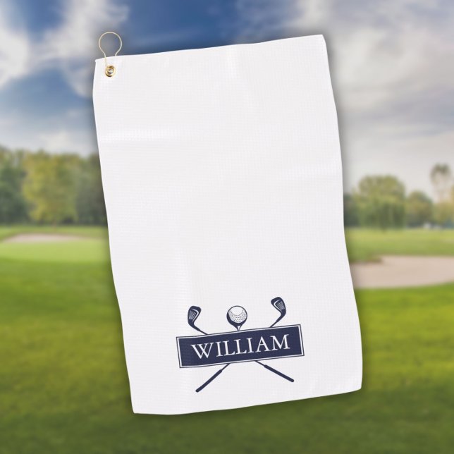 Personalisierter Name der Navy Blue Golf Clubs Golfhandtuch (Navy Blue And White Golf Clubs Personalized Name Golf Towel)