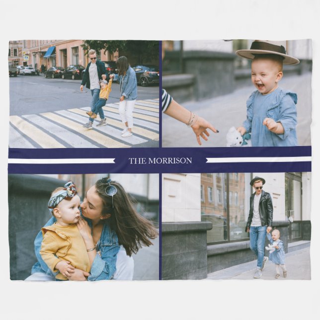 Personalisierter Name der Navy Custom Foto Collage Fleecedecke (Vorderseite (Horizontal))