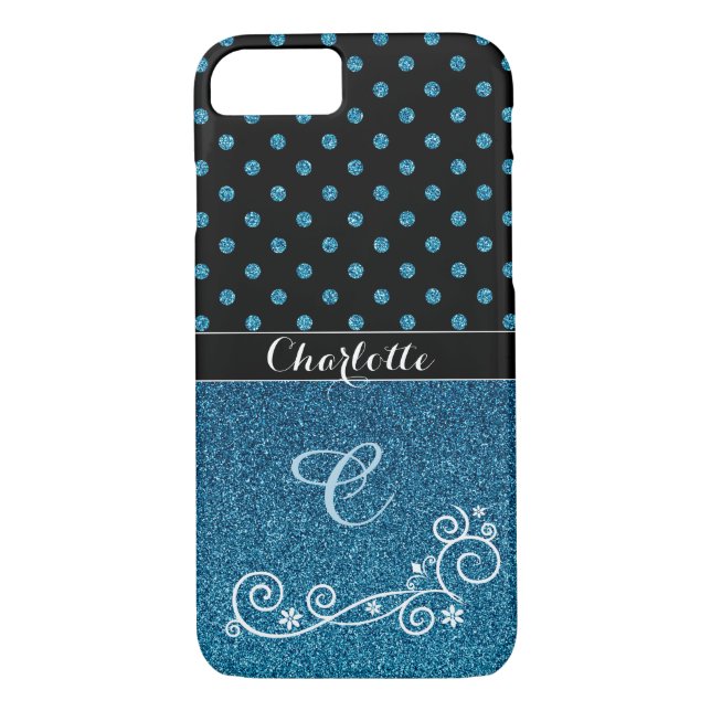 Personalisierter Name des blauen Glitzer Monogramm Case-Mate iPhone Hülle (Rückseite)