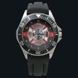 Personalisierter Name des Feuerwehrmanns Maltas Kr Armbanduhr<br><div class="desc">Sie suchen das perfekte Geschenk für Ihren Feuerwehrmann?! Diese personalisierte Feuerwehruhr eignet sich perfekt für Ihre Geschenke aus dem Ruhestand oder dem Abschluss Ihres Feuerwehrmanns. Dieses rote Liniendesign mit maltesischem Kreuz in silbermetallic, modernes rotes Schwarz-Design. Diese Abschluss-Kollektion von Feuerwehrleuten wird ein Favorit sein. Diese Feuerwehruhr eignet sich auch hervorragend für...</div>
