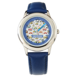 Personalisierter Name des Niedlichen Fahrzeugmuste Armbanduhr