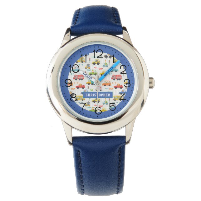 Personalisierter Name des Niedlichen Fahrzeugmuste Armbanduhr (Vorderseite)