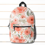 Personalisierter Name des Peach Watercolor Floral  Bedruckter Rucksack<br><div class="desc">Peach Watercolor Blumenmuster Personalisiert Name Botanischer Chic Rucksack verfügt über ein modernes pfirsichfarbenes und grünes Blumenmuster mit Ihrem personalisierten Namen,  Monogramm oder Text. Ideal für Schule,  Sport,  Gymnastik,  Reisen und vieles mehr. Entworfen von ©Evco Studio www.zazzle.com/store/evcostudio</div>