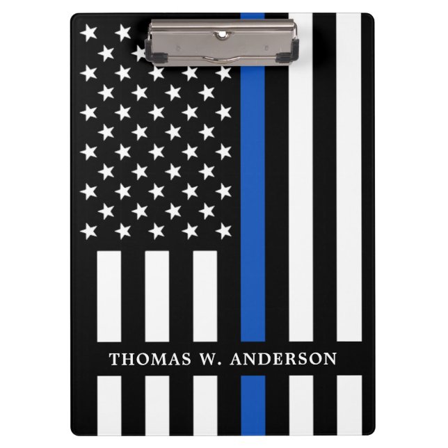 Personalisierter Name des Polizeibeamten Thin Blue Klemmbrett (Vorderseite)