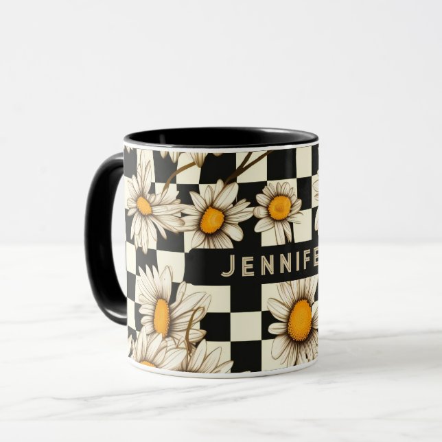Personalisierter Name des Retro Groovy Daisy Check Tasse (Vorderseite Links)