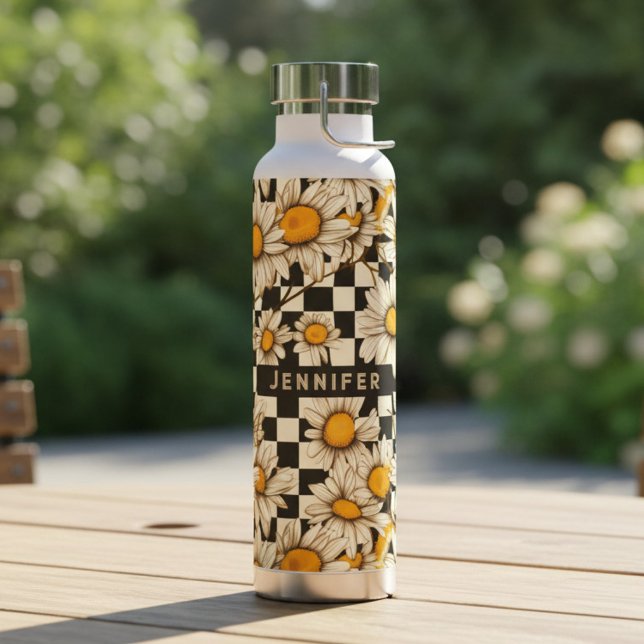 Personalisierter Name des Retro Groovy Daisy Check Trinkflasche (Von Creator hochgeladen)