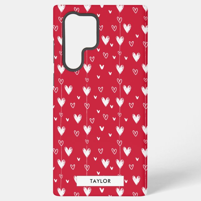 Personalisierter Name des roten weißen Doodle-Herz Samsung Galaxy Hülle (Rückseite)
