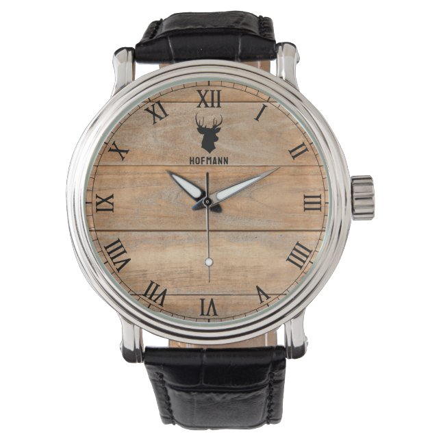 Personalisierter Name des rustikalen Hirschkopfes Armbanduhr (Vorderseite)