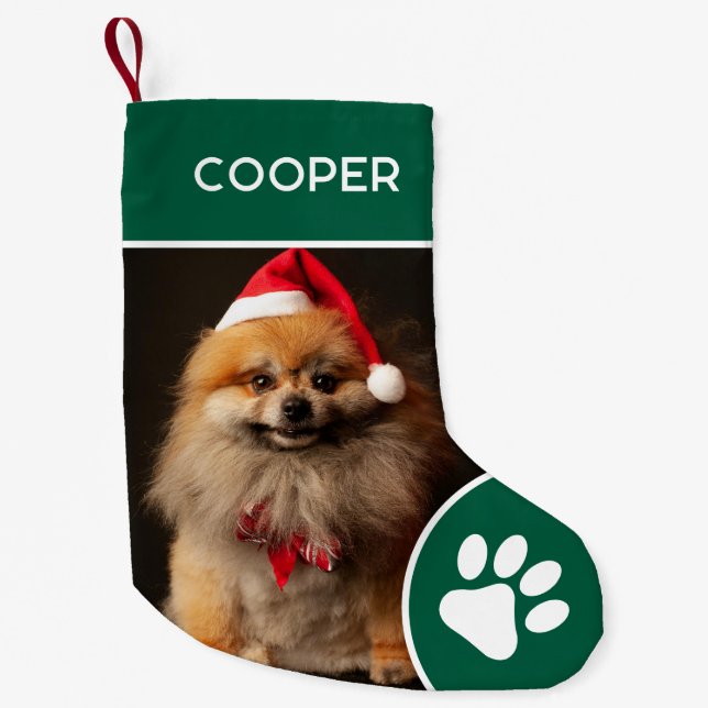 Personalisierter Name des Tieres und Foto grün Kleiner Weihnachtsstrumpf (Vorderseite)