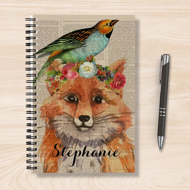 Personalisierter Name des Wasserfarbenfoxs Floral  Notizbuch (Von Creator hochgeladen)