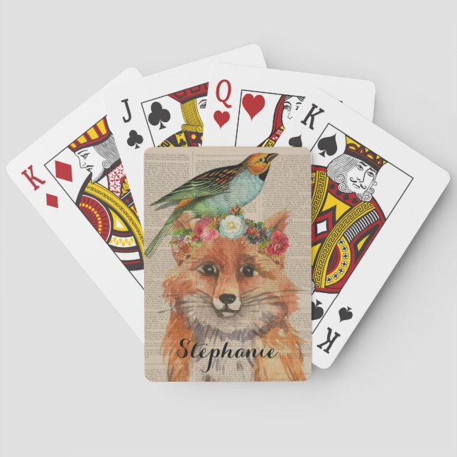 Personalisierter Name des Wasserfarbenfoxs Floral  Spielkarten (Rückseite)