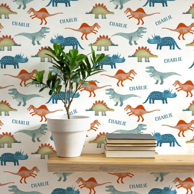Personalisierter Name Dinosaurier Tapete (Fun unique personalized dinosaur wallpaper with child's name for kid's room and nursery)