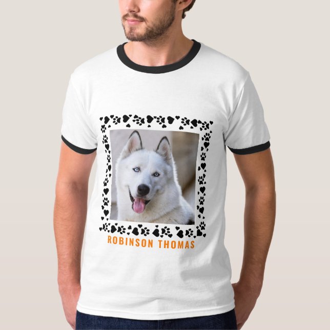 Personalisierter Name Dog Paw Hearts Foto Minimali T-Shirt (Vorderseite)