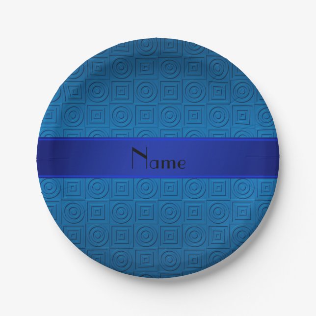 Personalisierter Name dunkelblaue Quadrate Pappteller (Vorderseite)