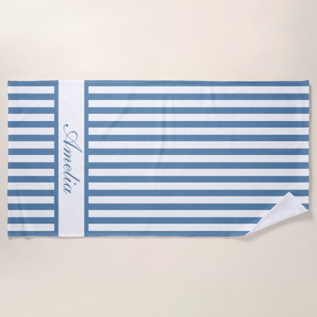 Personalisierter Name Dusty Blue Stripes Badtuch Strandtuch (Vorderseite)