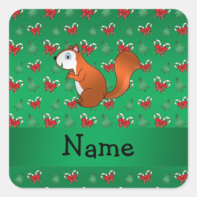 Personalisierter Name Eichhörnchen, grüne Bonbons Quadratischer Aufkleber (Vorderseite)
