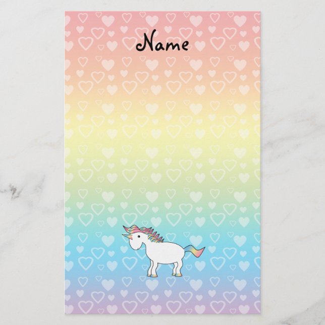 Personalisierter Name Einhorn Regenbogenherzen Briefpapier (Vorderseite)