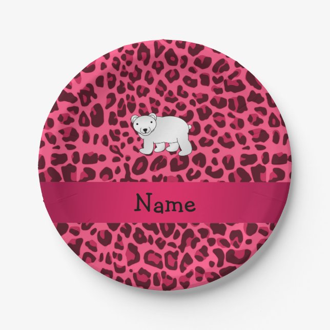 Personalisierter Name Eisbär Rosa Leoparden Pappteller (Vorderseite)