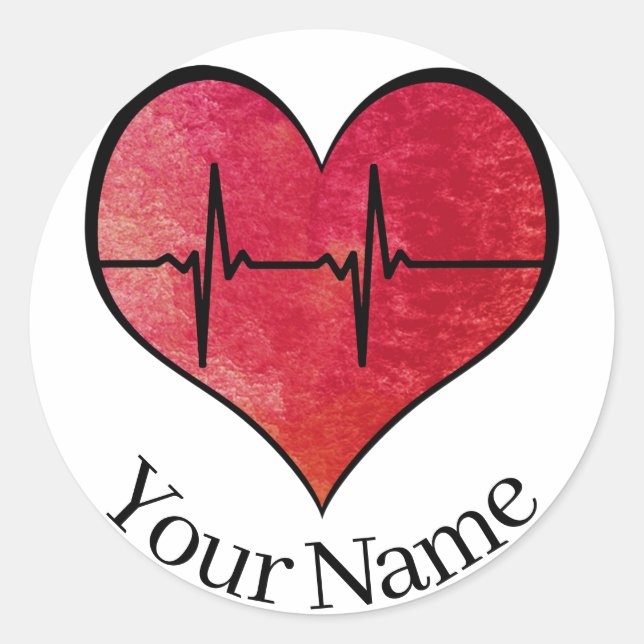 Personalisierter Name EKG Red — Wasserfarbenherz Runder Aufkleber (Vorderseite)