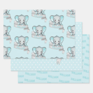 Personalisierter Name Elefant Baby Junge Blau Grau Geschenkpapier Set
