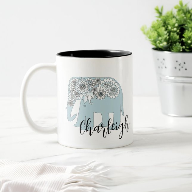 Personalisierter Name Elegant Blue Paisley Elephan Zweifarbige Tasse (Von Creator hochgeladen)