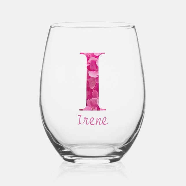 Personalisierter Name Elegant Pink Floral Monogram Weinglas Ohne Stiel (Vorderseite)