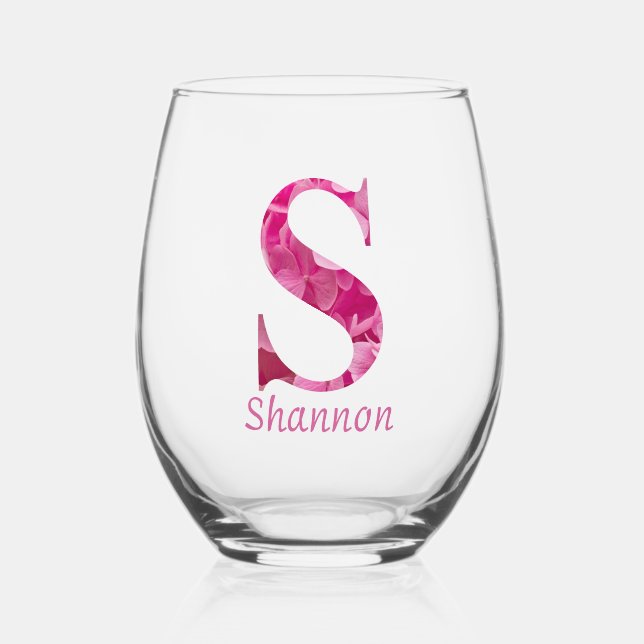 Personalisierter Name Elegant Pink Floral Monogram Weinglas Ohne Stiel (Vorderseite)