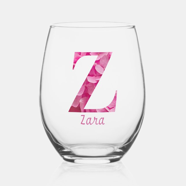 Personalisierter Name Elegant Pink Floral Monogram Weinglas Ohne Stiel (Vorderseite)