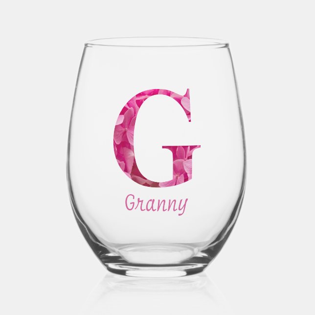 Personalisierter Name Elegant Pink Floral Monogram Weinglas Ohne Stiel (Vorderseite)
