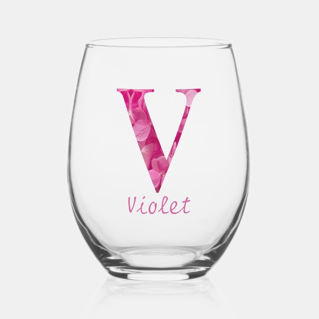 Personalisierter Name Elegant Rosa Floral Monogram Weinglas Ohne Stiel (Vorderseite)