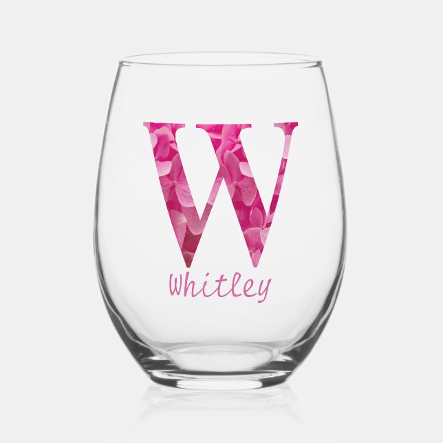 Personalisierter Name Elegant Rosa Floral Monogram Weinglas Ohne Stiel (Vorderseite)