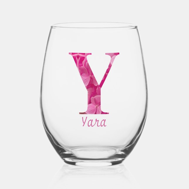 Personalisierter Name Elegant Rosa Floral Monogram Weinglas Ohne Stiel (Vorderseite)