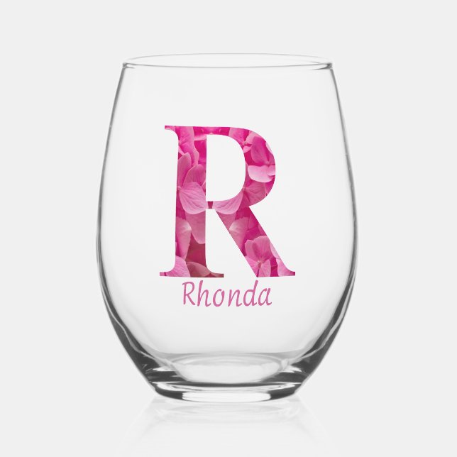 Personalisierter Name Elegant Rosa Floral Monogram Weinglas Ohne Stiel (Vorderseite)