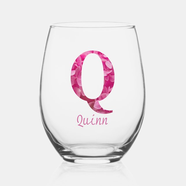 Personalisierter Name Elegant Rosa Floral Monogram Weinglas Ohne Stiel (Vorderseite)